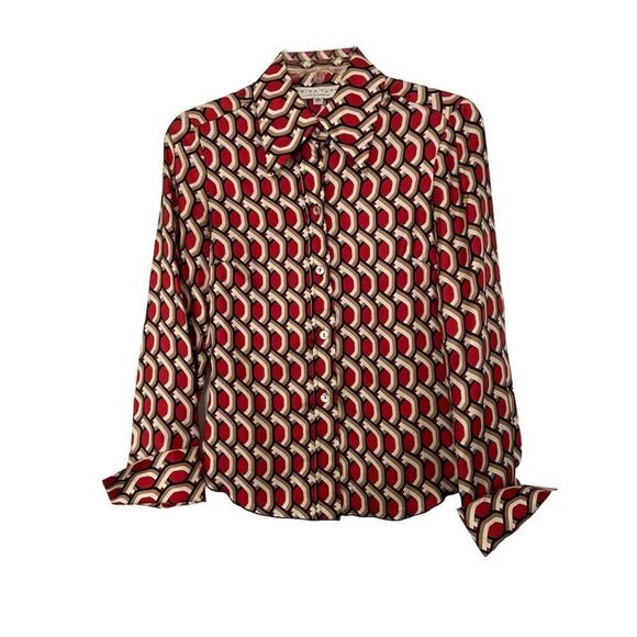 Trina Turk Women's Silk Button-Up Blouse Size P Multicolor Geometric Casual Fall - Picture 1 of 12
